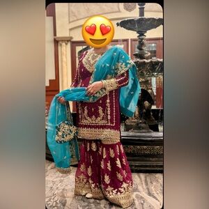Worn once! Gharara Maroon with golden Embroidered and teal dupatta.